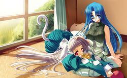  2girls :3 animal_ears aoi_yuuji barefoot bell blue_eyes blue_hair cat_ears cat_tail feet glasses grey_hair hand_on_head highres long_hair lying multiple_girls nishima_yukiko puni_puni_handmaid red_eyes sitting tail yui_(puni_puni_handmaid) zipper 