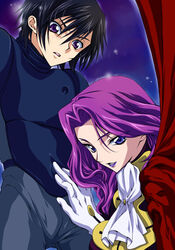  1boy brother_and_sister code_geass cornelia_li_britannia female gloves iyou lelouch_vi_britannia mizuno_poppo purple_eyes purple_hair siblings uniform 