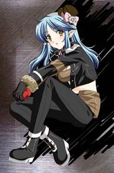  apple artist_request black_jacket black_pants blue_hair boots bow breasts brown_hat brown_tube_top cleavage female flower food fruit full_body fur-trimmed_sleeves fur_trim gloves gunslinger_(ragnarok_online) hairband hat hat_bow holding holding_food holding_fruit jacket light_blue_hair long_hair long_sleeves medium_breasts midriff mini_hat mini_top_hat open_clothes open_jacket pants parted_bangs parted_lips pink_bow pink_hairband pointy_ears ragnarok_online rose sitting solo source_request strapless top_hat tube_top white_flower white_rose yellow_eyes 