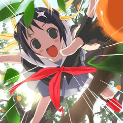  :d bandages black_eyes black_hair blush double_bun emphasis_lines female fingerless_gloves food fruit fruit_tree gloves hair_bun hair_ribbon happy himawari! hinata_himawari jumping leaf motion_blur ninja open_mouth orange_(fruit) outdoors outstretched_arm outstretched_hand reaching ribbon school_uniform serafuku short_hair shuriken skirt smile solo sun tree uni_(plastic_girl) weapon 