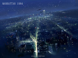  1984_(year) artist_name bird circle_name city cityscape dutch_angle english_text manhattan new_york_city night night_sky no_humans original outdoors photoshop_(medium) place_name scenery seo_tatsuya sky snowing watermark world_trade_center 