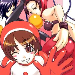  3girls annie_hamilton ass brown_eyes brown_hair gouketsuji_ichizoku hananokouji_kurara hat hood joumon_hikaru lowres matrimelee multiple_girls oekaki one_eye_closed oogami_yuuki pants tight_clothes tight_pants 