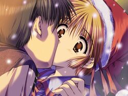  1boy comic_party female game_cg hat kissing mitsumi_misato non-web_source santa_hat sendou_kazuki snowing straight surprised tsukamoto_chisa wide-eyed 