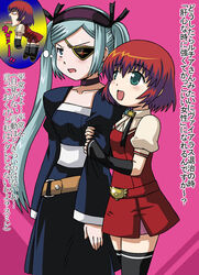  2girls aqua_hair belt black_dress black_gloves blue_eyes buckle commentary_request cowboy_shot dress elbow_gloves expressionless fingerless_gloves gloves green_eyes multiple_girls nahashi_lucia pink_background poinikusu puffy_short_sleeves puffy_sleeves red_dress short_sleeves simple_background stab standing swept_bangs takahana_sumire thighhighs twintails venus_versus_virus zettai_ryouiki 