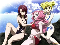  3girls :d :o aeru_(simoun) arm_support ass back bikini black_slingshot_swimsuit blonde_hair blue_bikini blue_eyes breasts cleavage cloud day double_bun feet green_eyes hair_between_eyes hair_bun hair_ornament hairclip hand_on_another&#039;s_chest hand_on_another&#039;s_shoulder highres legs lipstick long_hair looking_at_viewer looking_back makeup medium_breasts multiple_girls neviril_(simoun) ocean official_art open_mouth outdoors paraietta_(simoun) parted_lips pink_hair pink_lips profile purple_hair red_bikini rock saitou_tetsuhito scan short_hair side-tie_bikini_bottom sideboob sidelocks simoun sitting sky slingshot_swimsuit smile sun swept_bangs swimsuit water watermark wavy_hair yokozuwari 