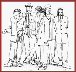  6+boys artist_request border cigarette formal gouketsuji_ichizoku hattori_saizou keith_wayne lowres male_focus monochrome multiple_boys official_art ooyama_reiji red_border sahad_asran_ryuto thin_nen white_buffalo 