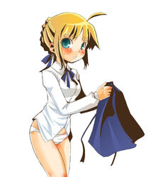  araki_fuu artoria_pendragon_(fate) blouse fate/stay_night fate_(series) female panties saber_(fate) shirt solo underwear undressing 