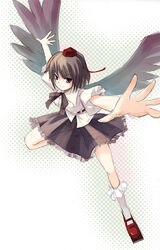  black_skirt black_wings brown_hair closed_mouth collared_shirt feathered_wings female foreshortening frilled_skirt frills geta hat looking_at_viewer photoshop_(medium) puffy_short_sleeves puffy_sleeves red_eyes red_footwear red_hat red_tassel seo_tatsuya shameimaru_aya shirt short_hair short_sleeves skirt socks solo tengu-geta tokin_hat touhou white_shirt white_socks wings 