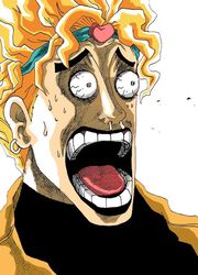  1boy comic_panel_redraw commentary crossover derivative_work dio_brando earrings enel enel_face_(meme) headband heart jewelry jojo_no_kimyou_na_bouken male_focus meme oda_eiichirou_(style) one_piece parody snot solo stardust_crusaders style_parody surprised sweat teeth tongue white_background yoshio_masao 