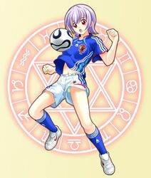  ball blue_shirt blue_socks circle exif_thumbnail_surprise female izumi_ako japan magic_circle mahou_sensei_negima! majin_go! nike_(company) panties pantyshot photoshop_(medium) playing_sports shirt shorts soccer soccer_ball soccer_uniform socks solo sportswear teamgeist underwear white_footwear white_shorts zodiac 