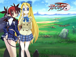  2girls ass bat_wings blazer blonde_hair blue_bow blue_bowtie blue_eyes blue_skirt blue_sky blurry bow bowtie cloud cowboy_shot day demon_girl demon_tail depth_of_field disgaea etna_(disgaea) field flonne from_behind grass jacket kano_akira long_hair long_sleeves looking_at_viewer makai_senki_disgaea miniskirt multiple_girls netherworld_(disgaea) official_art official_wallpaper outdoors plant pleated_skirt red_eyes red_hair rock sailor_collar school_uniform serafuku skirt sky standing tail wings 