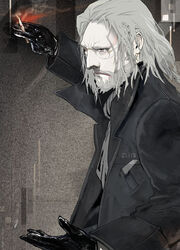  1boy ascot beard black_coat black_gloves brown_eyes cigarette closed_mouth coat collared_coat dogs:_bullets_&amp;_carnage facial_hair glasses gloves grey_ascot grey_hair holding holding_cigarette long_sleeves looking_to_the_side maeda_hirotaka male_focus medium_hair mihai_mihaeroff moustache photoshop_(medium) smoke solo upper_body 