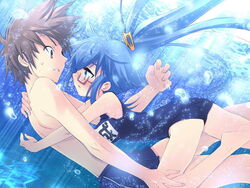  1boy blush female game_cg glasses ito_noizi name_tag nanatsuiro_drops one-piece_swimsuit school_swimsuit swimsuit tsuwabuki_masaharu underwater yuuki_nona 