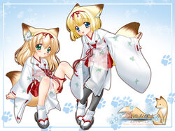  2girls adapted_uniform animal_ears bell blonde_hair chihaya_(clothing) fox_ears fox_tail hakama hakama_skirt japanese_clothes koyuki_(snow_fox) miko multiple_girls nakajima_konta red_hakama sayuki_(snow_fox) skirt snow_fox tabi tail thighhighs variant_set web_address zettai_ryouiki 