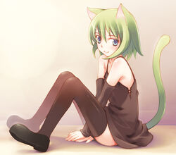  animal_ears black_dress cat_ears chemise copyright_request dress elbow_gloves female gloves green_eyes green_hair inato_serere solo tail thighhighs zettai_ryouiki 