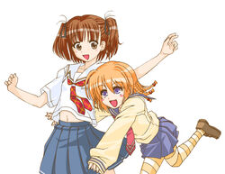  2girls :d aihara_nana blue_eyes brown_eyes brown_hair cowboy_shot crossover hug hug_from_behind kanisawa_kinu kibina_high_school_uniform kimi_kiss long_sleeves multiple_girls neckerchief open_mouth outstretched_arms pantyhose pleated_skirt raamen school_uniform serafuku short_hair skirt smile striped_clothes striped_pantyhose sweater tsuyokiss twintails yuri 