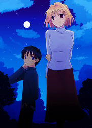  1boy arcueid_brunestud blonde_hair female full_moon long_skirt moon night night_sky pantyhose purple_skirt shima_tokio skirt sky sweater tohno_shiki tsukihime 