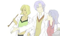  1boy 2girls artist_request blonde_hair blue_eyes blue_hair cecile_croomy code_geass dark-skinned_female dark_skin flat_color glasses green_eyes holding holding_smoking_pipe kiseru lab_coat lloyd_asplund multiple_girls rakshata_chawla short_hair smoking_pipe 