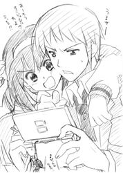  1boy blunt_bangs blush expressionless female greyscale hairband handheld_game_console kyon long_sleeves monochrome nintendo_ds playing_games raamen short_hair simple_background sketch suzumiya_haruhi suzumiya_haruhi_no_yuuutsu sweatdrop upper_body white_background 