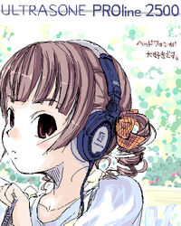  bow brown_eyes brown_hair collarbone drill_hair female hairbow haya headphones jaggy_lines lowres maria-sama_ga_miteru matsudaira_touko oekaki orange_bow photoshop_(medium) short_hair solo translated ultrasone upper_body 