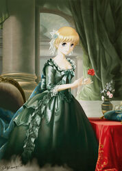  baroque_(sound_horizon) blonde_hair blue_eyes chronicle_2nd column curtains dress eri_(artist) female flower green_dress hair_flower hair_ornament hair_ribbon indoors lace lace-trimmed_dress lace_trim looking_at_viewer pillar red_flower red_rose ribbon rose signature smile solo sound_horizon table vase 