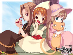  3girls :3 against_tree alissa_(mabinogi) apple blonde_hair blue_eyes bonnet brown_hair dress eating feline fleta food fruit hat holding holding_food holding_fruit hug ibbie kiira knife long_hair mabinogi multiple_girls official_art official_wallpaper orange_hair photoshop_(medium) pink_eyes short_hair sitting sun_hat tree weird_cat 