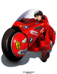  1boy akira_(manga) bmw boots brown_hair canon_(company) castrol citizen_(brand) full_body grin honda kaneda_shoutarou&#039;s_bike kaneda_shoutarou_(akira) male_focus motor_vehicle motorcycle ryu_(ryu&#039;s_form_site) simple_background smile smiley_face solo sticker 