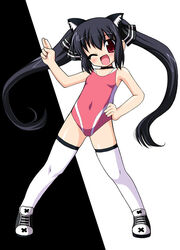  ;d animal_ears black_background black_hair black_ribbon blush cat_ears chirorian choker female full_body hair_ribbon hand_on_own_hip kooh legs_apart leotard long_hair looking_at_viewer one_eye_closed open_mouth pangya photoshop_(medium) pink_leotard red_eyes ribbon shoes sidelocks smile solo standing thighhighs twintails white_background white_thighhighs 