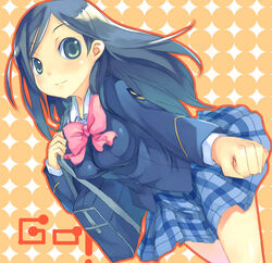  bag blue_eyes blue_hair bow etou_mei female gakuen_utopia_manabi_straight! leaning_forward long_hair massugu_go mikage_sekizai pink_bow plaid plaid_skirt school_uniform seiou_gakuen_school_uniform shoulder_bag skirt solo 