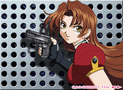  brown_hair choker cross cross_earrings earrings eclair_(kiddy_grade) eyecatch female fingerless_gloves gloves gun handgun holding holding_gun holding_weapon jewelry kiddy_grade non-web_source solo sonoda_ken&#039;ichi trigger_discipline walther walther_p99 weapon 