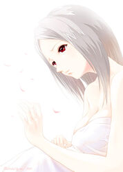  2005 artist_name bare_shoulders blanket el_(sound_horizon) elysion eri_(artist) female grey_hair hands petals red_eyes short_hair solo sound_horizon white_background white_theme 