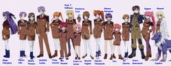  3boys 6+girls ahoge alto_krauetta artist_request black_pantyhose blonde_hair boots bow brown_hair caro_ru_lushe character_chart erio_mondial everyone fate_testarossa gauntlets ginga_nakajima glasses griffith_lowran hair_ornament lab_coat lucino_liilie lyrical_nanoha mahou_shoujo_lyrical_nanoha_strikers military military_uniform mini_person minigirl multiple_boys multiple_girls orange_hair pantyhose pencil_skirt pink_bow pink_hair ponytail purple_hair red_hair reinforce_zwei shamal shario_finieno short_hair siblings side_ponytail signum sisters skirt subaru_nakajima takamachi_nanoha teana_lanster thighhighs tsab_ground_military_uniform twintails uniform vice_granscenic vita_(nanoha) white_thighhighs wolf x_hair_ornament yagami_hayate zafira 