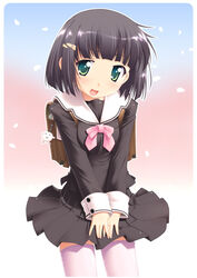  :d bag black_hair copyright_request female green_eyes open_mouth photoshop_(medium) school_bag school_uniform short_hair smile solo thighhighs yamabuki_zarame zettai_ryouiki 