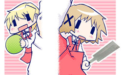  2girls blonde_hair blue_hair blush hair_ornament hairclip hidamari_sketch kairakuen_umenoka meme miyako_(hidamari_sketch) multiple_girls open_mouth quality_cabbage_(meme) school_uniform short_hair skirt wide_face x_hair_ornament yamabuki_high_school_uniform yuno_(hidamari_sketch) 