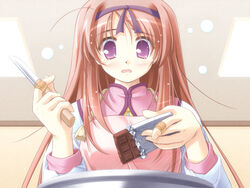  apron bandaid bandaid_on_hand blush brown_hair candy chocolate chocolate_bar cooking female food from_below hair_ribbon haruka_ni_aogi_uruwashi_no holding holding_knife indoors knife long_hair long_sleeves looking_down mixing_bowl photoshop_(medium) pink_apron purple_eyes ribbon solo tareme tears tiara tomo_no_shippo upper_body wavy_mouth yaotome_shino 