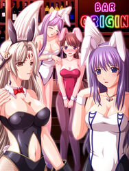  4girls ancient_ys_vanished animal_ears between_breasts blue_eyes blush braid breasts brown_eyes cleavage closed_eyes covered_nipples feena_(ys) highres jewelry kafu_(logaemon) large_breasts long_hair multiple_girls necklace pantyhose playboy_bunny purple_hair rabbit_ears reah_(ys) wings ys ys_origin yunica_tovah zava 