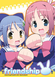  2girls :d amamiya_manami blue_eyes blue_hair bow brown_eyes clenched_hand foreshortening gakuen_utopia_manabi_straight! inamori_mika long_sleeves looking_at_viewer multiple_girls nekonin open_mouth outstretched_arm pink_bow pink_hair sailor_collar school_uniform seiou_gakuen_school_uniform serafuku short_hair smile 