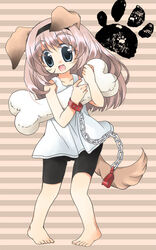  :d animal_ears barefoot bike_shorts blue_eyes bone dog_ears dog_tail female hairband long_hair nekono_osero oerba_yun_fang open_mouth original paw_print pigeon-toed pink_hair smile solo striped striped_background tail 