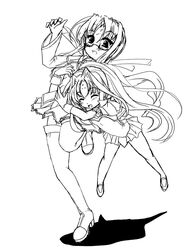  2girls ^_^ blush closed_eyes facial_mark forehead_mark frapowa glasses glomp greyscale hug hug_from_behind leti_lowran lindy_harlaown long_hair lyrical_nanoha mahou_shoujo_lyrical_nanoha monochrome multiple_girls smile 