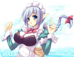  blue_eyes blue_hair blush braid breasts dalk_gaiden elf female huge_breasts long_hair maid maid_headdress open_mouth phime_alfar photoshop_(medium) pointy_ears shimakaze_(soundz_of_bell) solo 