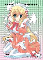  ahoge ankle_ribbon apron aqua_eyes bell blonde_hair blush boots border bow bowtie buttons checkered_background dress female flower garter_straps gradient_background hair_between_eyes hazuki_ruka jingle_bell kyoushirou_to_towa_no_sora leg_ribbon long_hair looking_at_viewer maid maid_headdress parted_lips polka_dot profile ribbon setsuna_(kyoushirou_to_towa_no_sora) sidelocks silhouette sitting solo thighhighs v_arms very_long_hair waist_apron wariza white_thighhighs 