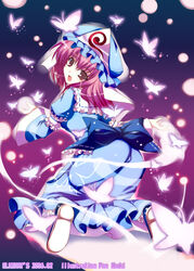  :d ass blue_bow blue_hat bow bug butterfly dated efs female frills full_body ghost hat ibuki_pon japanese_clothes kimono kneeling looking_back mob_cap open_mouth pink_butterfly pink_eyes pink_hair saigyouji_yuyuko short_hair smile solo touhou triangular_headpiece 