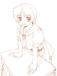  copyright_request desk female fuji_shinobu monochrome orange_theme school_uniform serafuku solo 