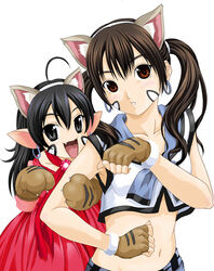  2girls animal_ears animal_hands black_eyes black_hair brown_eyes brown_hair cat_ears copyright_request crop_top dress earrings extra_ears facial_mark fake_animal_ears fingerless_gloves gloves hairband jewelry locked_arms looking_at_viewer map_(blue_catty) matching_earrings midriff multiple_girls navel oerba_yun_fang paw_gloves pointy_ears red_dress sailor_collar simple_background sleeveless twintails white_background 