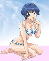  ai_yori_aoshi bikini blue_eyes blue_hair day female finger_to_mouth nakayama_yumi sakuraba_aoi seiza short_hair sitting solo swimsuit white_bikini 