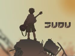  1boy bass_guitar flcl highres instrument nandaba_naota ruins solo taco takkun_(flcl) takun wallpaper 