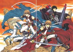  4boys absurdres armor arms_at_sides black_hair blonde_hair brown_eyes brown_hair clamp_(circle) crease fai_d._flowright fighting_stance gauntlets helmet highres holding holding_sword holding_weapon japanese_armor katana kote kurogane_(tsubasa_chronicle) kusazuri li_&quot;xiaolang&quot; looking_at_viewer male_focus multiple_boys outdoors outstretched_arms ribbon scan sword tsubasa_chronicle unworn_headwear unworn_helmet weapon white_ribbon xiaolang 