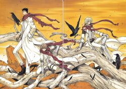  3boys absurdres animal arm_support bandages bird blonde_hair brown_eyes brown_hair clamp_(circle) crease crow detached_sleeves fai_d._flowright highres kurogane_(tsubasa_chronicle) male_focus multiple_boys outdoors red_scarf scan scarf sitting tsubasa_chronicle xiaolang 