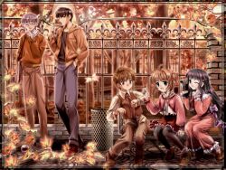  1600x1200 2girls 3boys autumn bench black_hair blue_eyes brown_hair card_captor_sakura daidouji_tomoyo dress fence green_eyes highres kinomoto_sakura kinomoto_touya kodansha leaf leaves li_syaoran li_xiaolang lolicon male male_focus moonknives multiple_boys multiple_girls mutsuki_(moonknives) pants silver_hair sitting stockings thighhighs trash_can trashcan tsukishiro_yukito wallpaper 