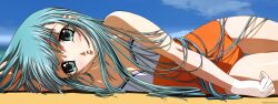  :o absurdres aqua_eyes aqua_hair arm_up armpits bare_arms bare_shoulders blue_sky blush cloud collarbone cowboy_shot day female gotou_keiji highres kiddy_grade long_hair looking_at_viewer lumiere lying official_art on_side one-piece_swimsuit outdoors parted_lips photoshop_(medium) shiny_skin sky solo strapless strapless_one-piece_swimsuit swimsuit tan tanlines tareme thigh_gap thighs 